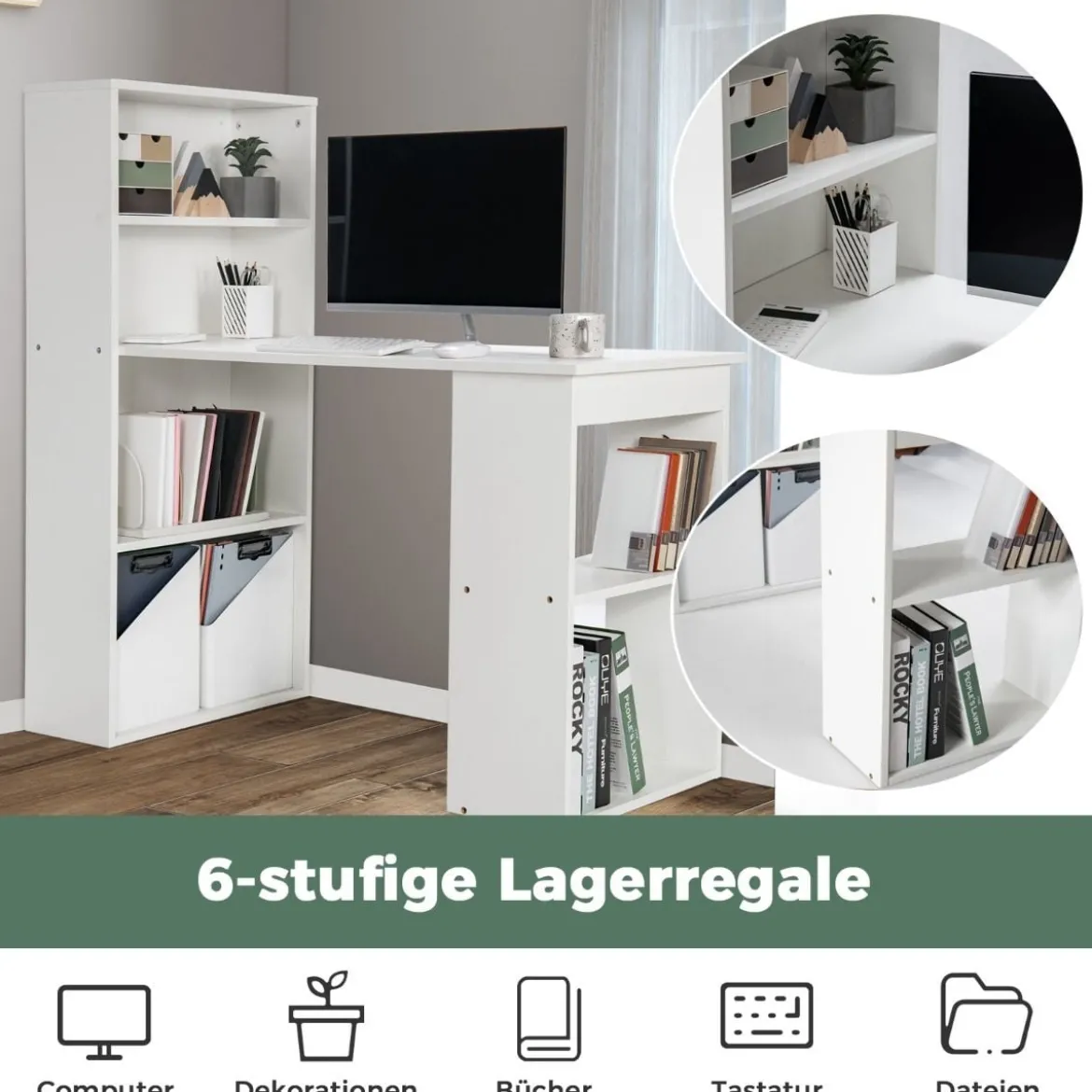 Schreibtisch mit Bücherregal Computertisch mit 6 Regalen PC-Tisch mit Regal Bürotisch Weiß