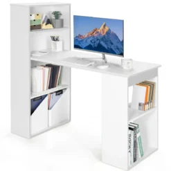 Schreibtisch mit Bücherregal Computertisch mit 6 Regalen PC-Tisch mit Regal Bürotisch Weiß