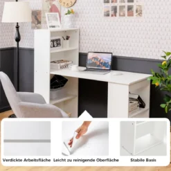 Schreibtisch mit Bücherregal Computertisch mit 6 Regalen PC-Tisch mit Regal Bürotisch Weiß