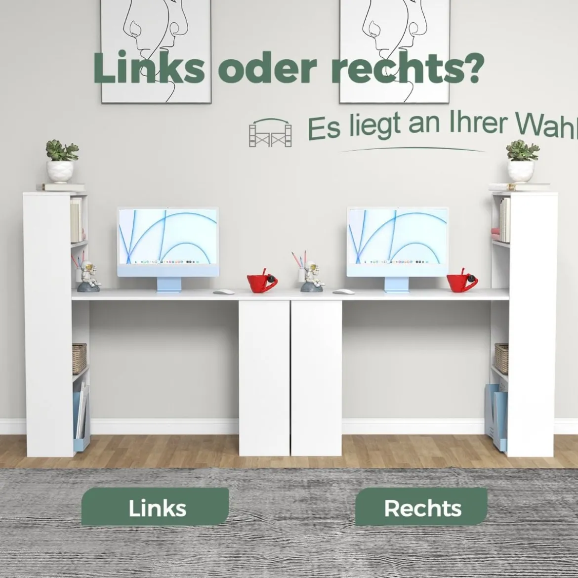 Schreibtisch mit Bücherregal Computertisch mit 6 Regalen PC-Tisch mit Regal Bürotisch Weiß