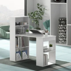 Schreibtisch mit Bücherregal Computertisch mit 6 Regalen PC-Tisch mit Regal Bürotisch Weiß