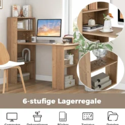 Schreibtisch mit Bücherregal Computertisch mit 6 Regalen PC-Tisch mit Regal Bürotisch Natur