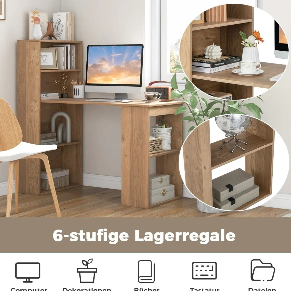 Schreibtisch mit Bücherregal Computertisch mit 6 Regalen PC-Tisch mit Regal Bürotisch Natur