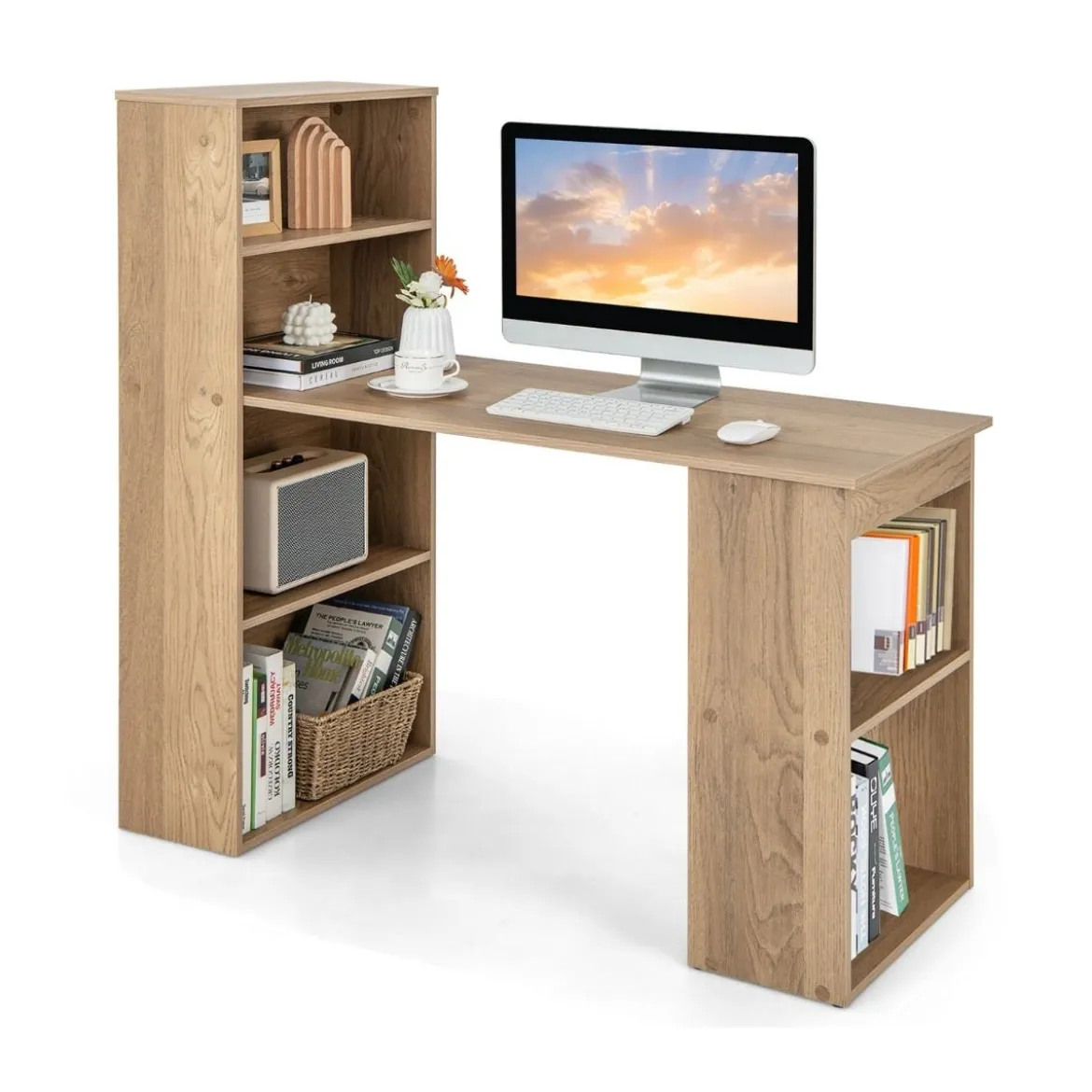 Schreibtisch mit Bücherregal Computertisch mit 6 Regalen PC-Tisch mit Regal Bürotisch Natur