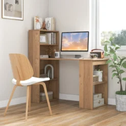 Schreibtisch mit Bücherregal Computertisch mit 6 Regalen PC-Tisch mit Regal Bürotisch Natur