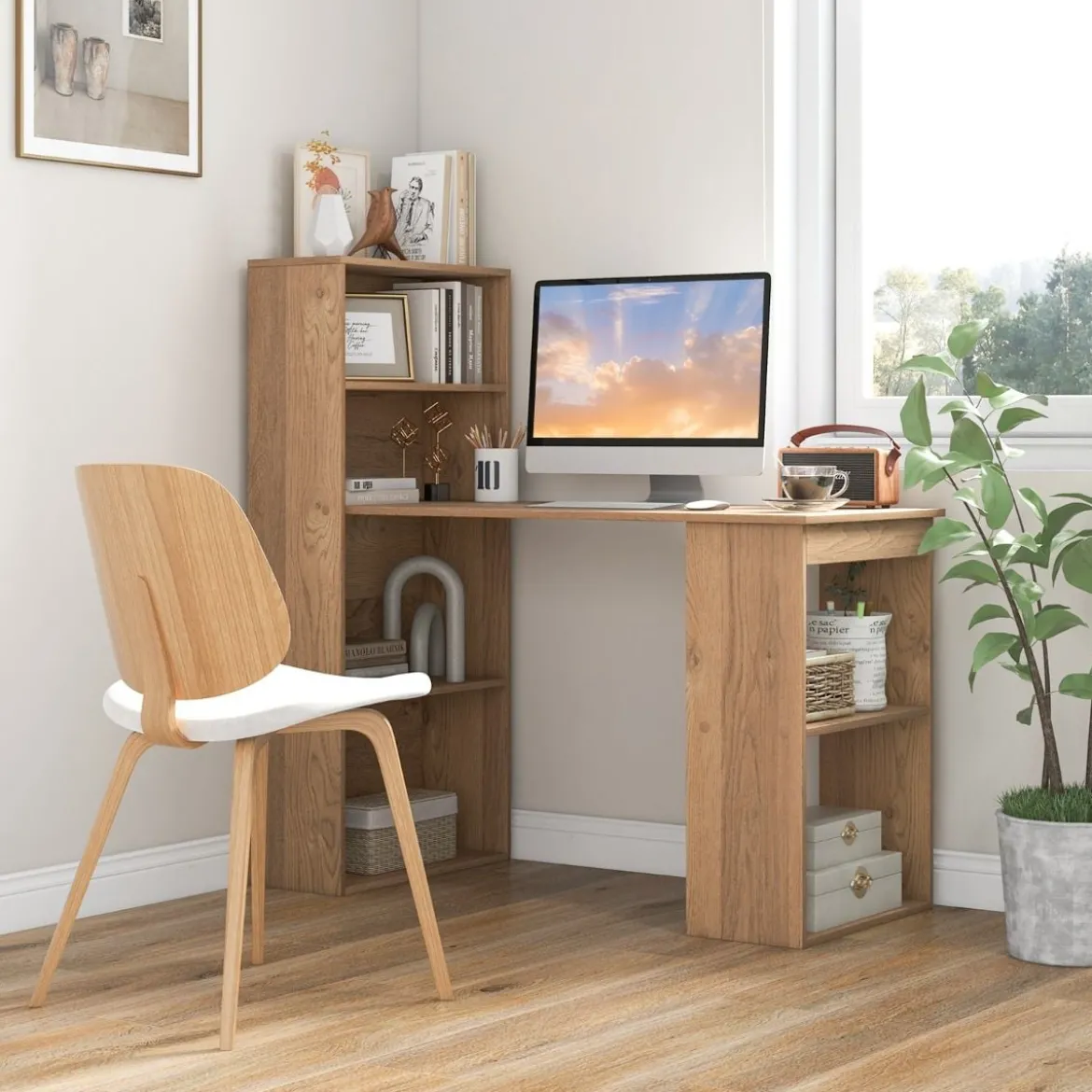 Schreibtisch mit Bücherregal Computertisch mit 6 Regalen PC-Tisch mit Regal Bürotisch Natur
