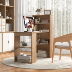 Schreibtisch mit Bücherregal Computertisch mit 6 Regalen PC-Tisch mit Regal Bürotisch Natur