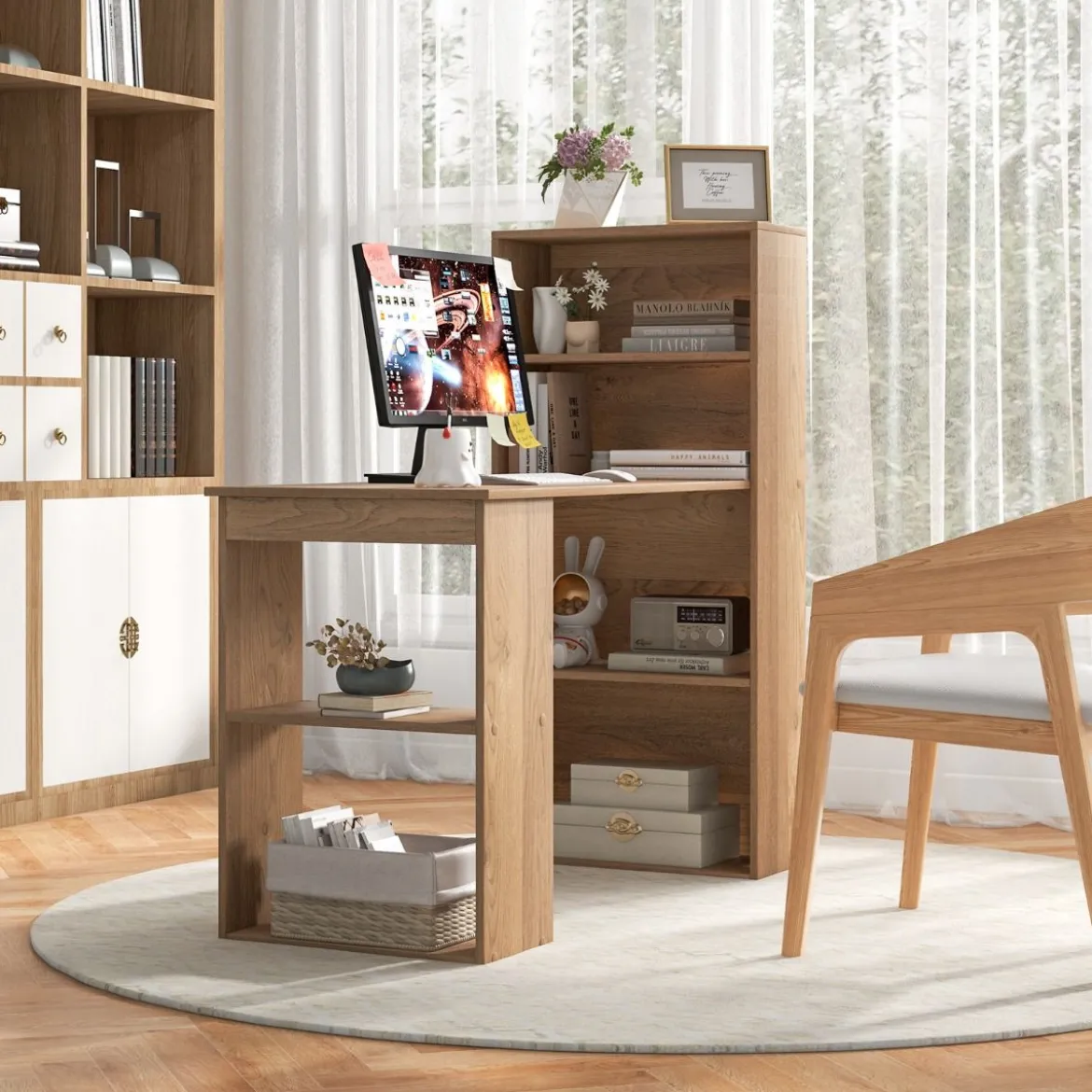 Schreibtisch mit Bücherregal Computertisch mit 6 Regalen PC-Tisch mit Regal Bürotisch Natur