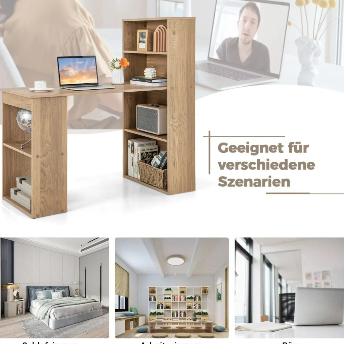 Schreibtisch mit Bücherregal Computertisch mit 6 Regalen PC-Tisch mit Regal Bürotisch Natur