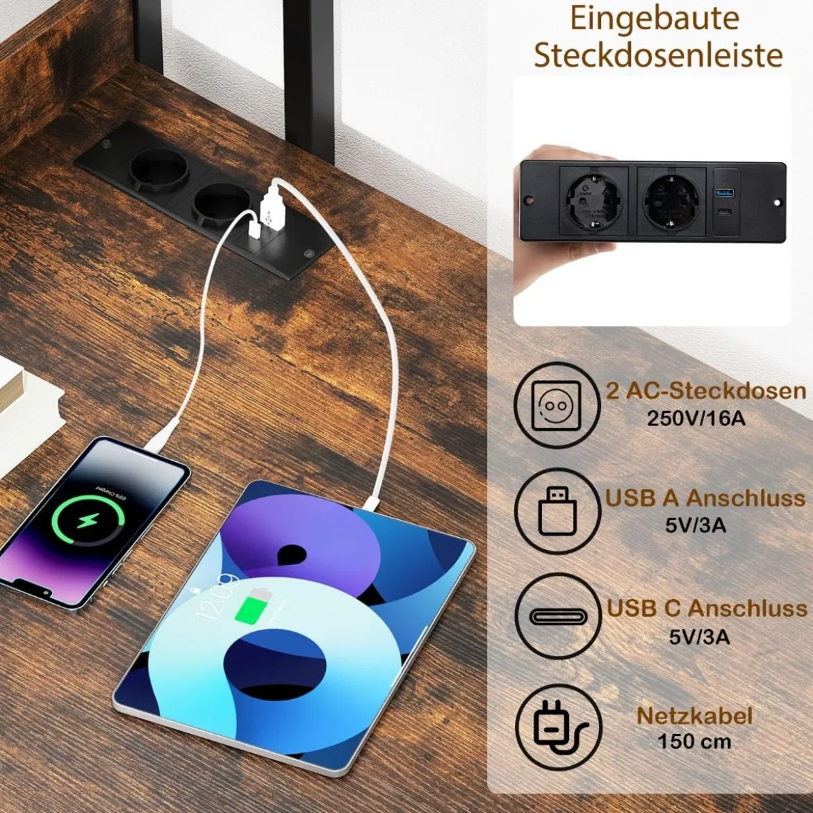 Schreibtisch mit Ladestation 120 x 65 cm Computertisch mit offenem Bücherregal Braun/Natur