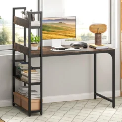 Schreibtisch mit Ladestation 120 x 65 cm Computertisch mit offenem Bücherregal Braun/Natur