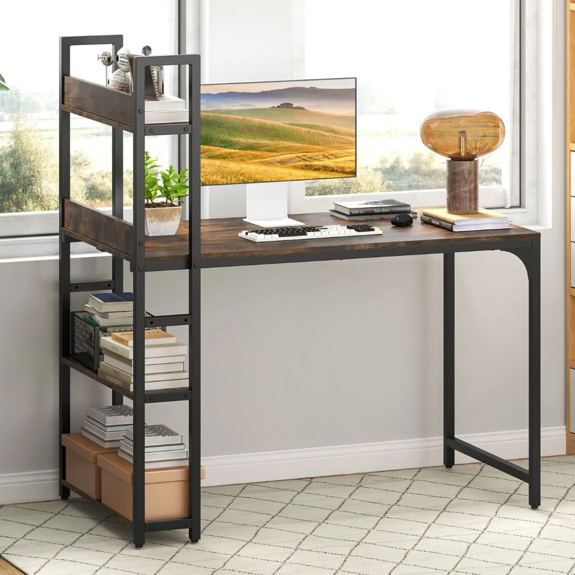 Schreibtisch mit Ladestation 120 x 65 cm Computertisch mit offenem Bücherregal Braun/Natur