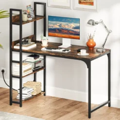 Schreibtisch mit Ladestation 120 x 65 cm Computertisch mit offenem Bücherregal Braun/Natur