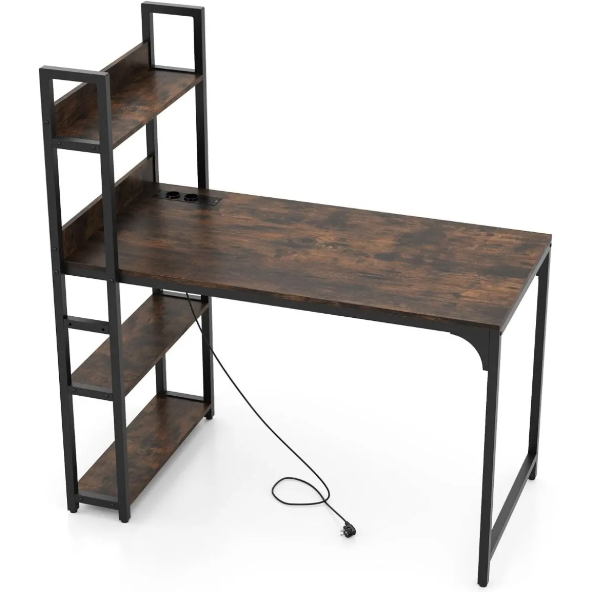Schreibtisch mit Ladestation 120 x 65 cm Computertisch mit offenem Bücherregal Braun/Natur