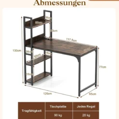 Schreibtisch mit Ladestation 120 x 65 cm Computertisch mit offenem Bücherregal Braun/Natur