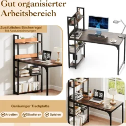 Schreibtisch mit Ladestation 120 x 65 cm Computertisch mit offenem Bücherregal Braun/Natur
