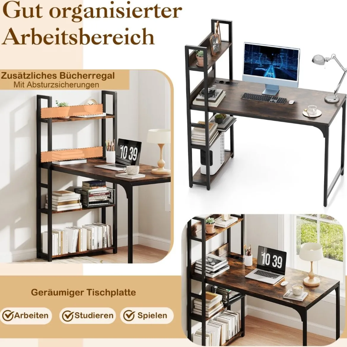 Schreibtisch mit Ladestation 120 x 65 cm Computertisch mit offenem Bücherregal Braun/Natur