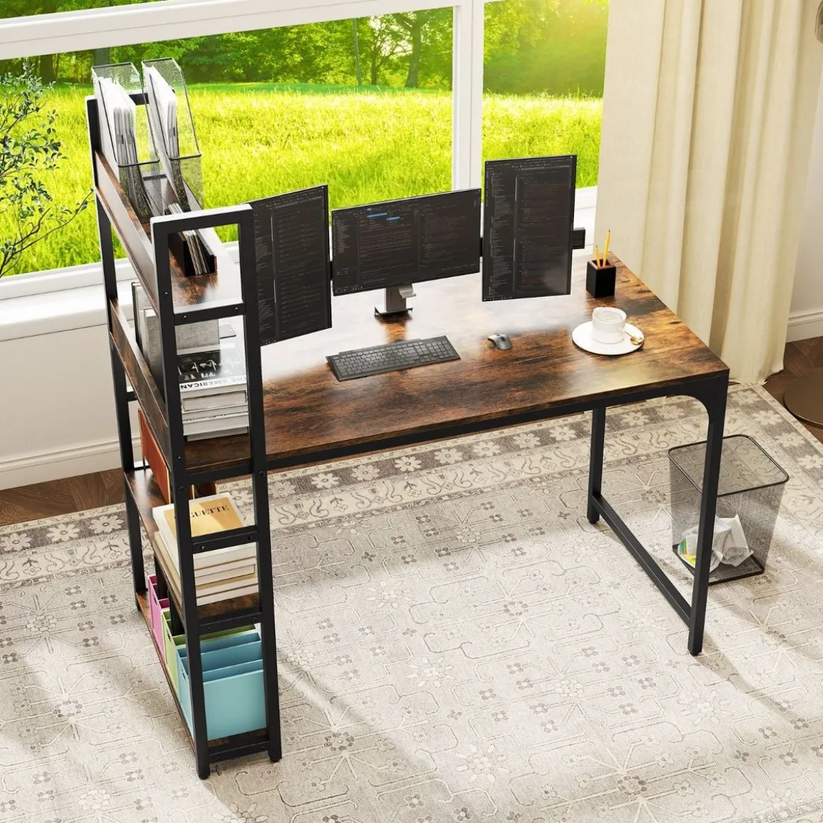 Schreibtisch mit Ladestation 120 x 65 cm Computertisch mit offenem Bücherregal Braun/Natur