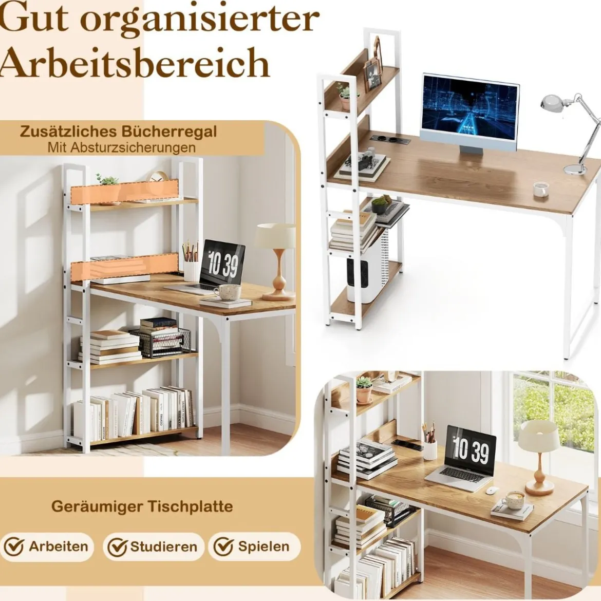 Schreibtisch mit Ladestation 120 x 65 cm Computertisch mit offenem Bücherregal Braun/Natur