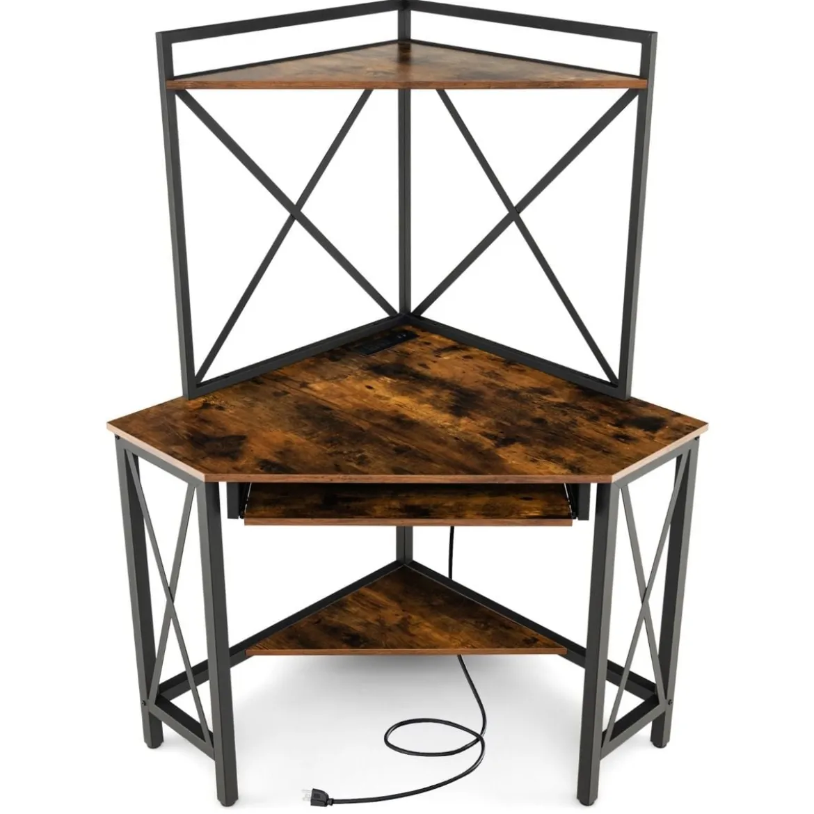 Schreibtisch mit Ladestation Eck Computertisch mit Tastaturablage & 2 Ablagen 113 x 75 x 145 cm Rustikales Braun + Schwarz