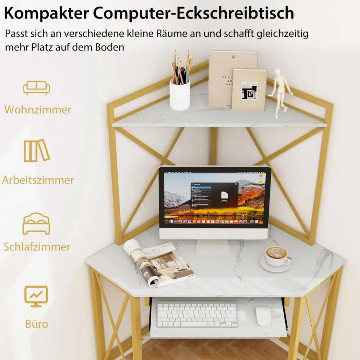 Schreibtisch mit Ladestation Eck Computertisch mit Tastaturablage & 2 Ablagen 113 x 75 x 145 cm Weiß + Gold