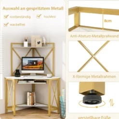 Schreibtisch mit Ladestation Eck Computertisch mit Tastaturablage & 2 Ablagen 113 x 75 x 145 cm Weiß + Gold