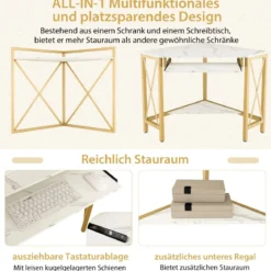Schreibtisch mit Ladestation Eck Computertisch mit Tastaturablage & 2 Ablagen 113 x 75 x 145 cm Weiß + Gold