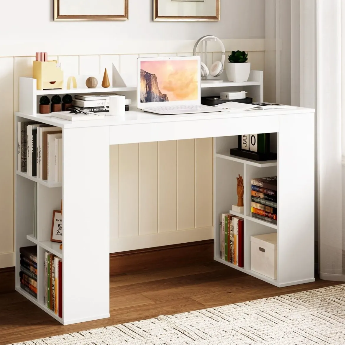 Schreibtisch mit Monitorablage & 2 Bücherregalen Computertisch 120 x 54 x 90 cm Weiß
