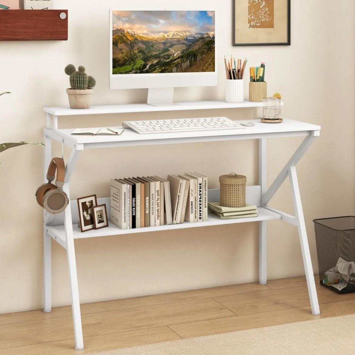Schreibtisch mit Monitorständer 100 x 50 cm Kleiner Computertisch PC-Tisch mit Regal Weiß