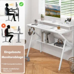 Schreibtisch mit Monitorständer 100 x 50 cm Kleiner Computertisch PC-Tisch mit Regal Weiß