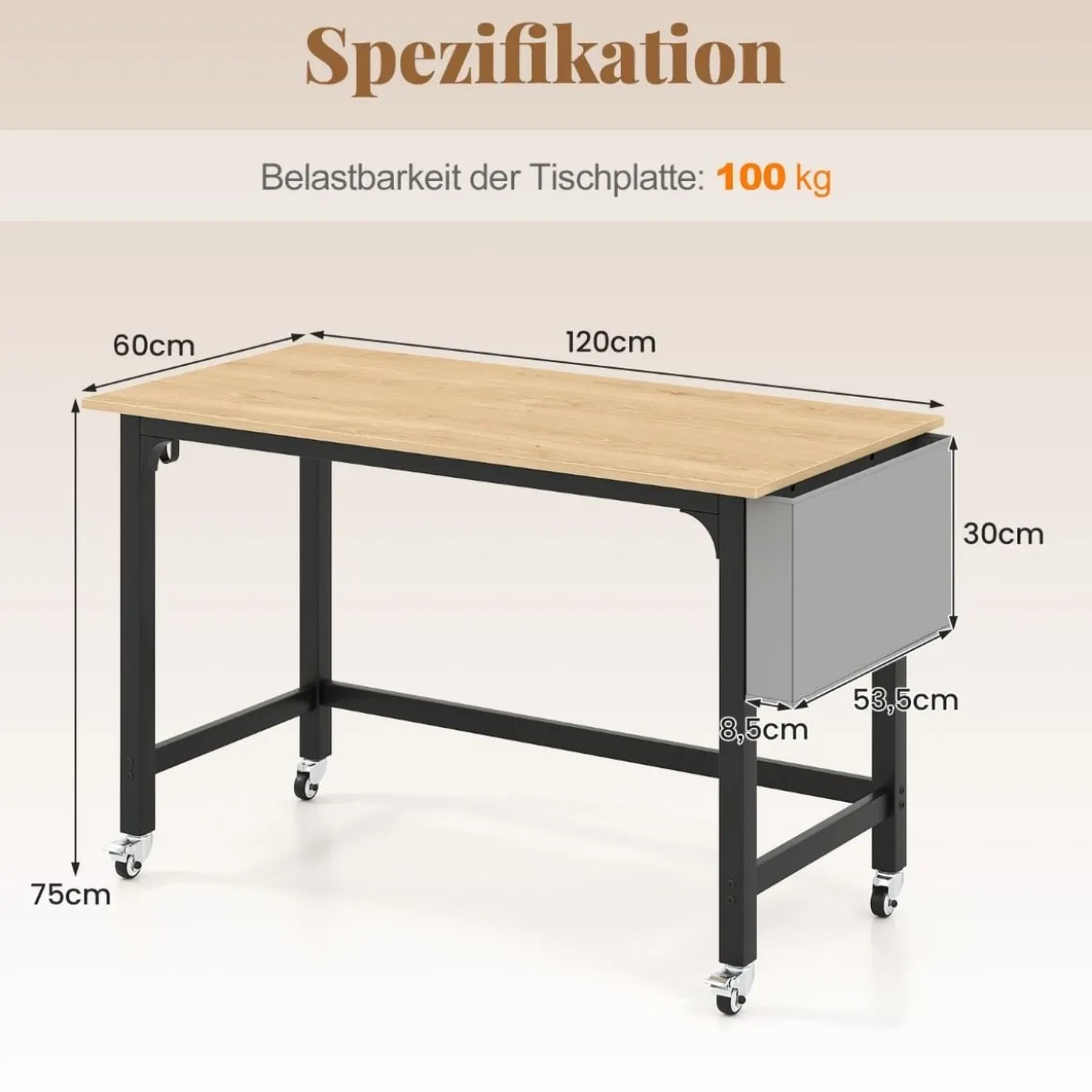 Schreibtisch mit Rollen Computertisch mit Abnehmbarer Stofftasche und Kopfhörerhaken 120 x 60 x 75 cm