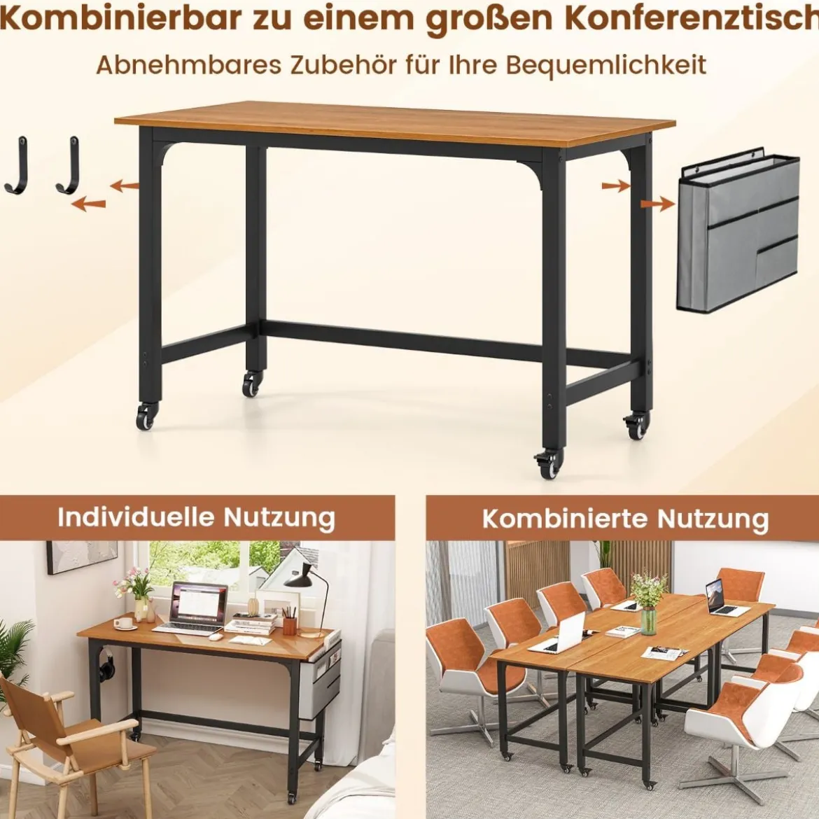 Schreibtisch mit Rollen Computertisch mit Abnehmbarer Stofftasche und Kopfhörerhaken 120 x 60 x 75 cm