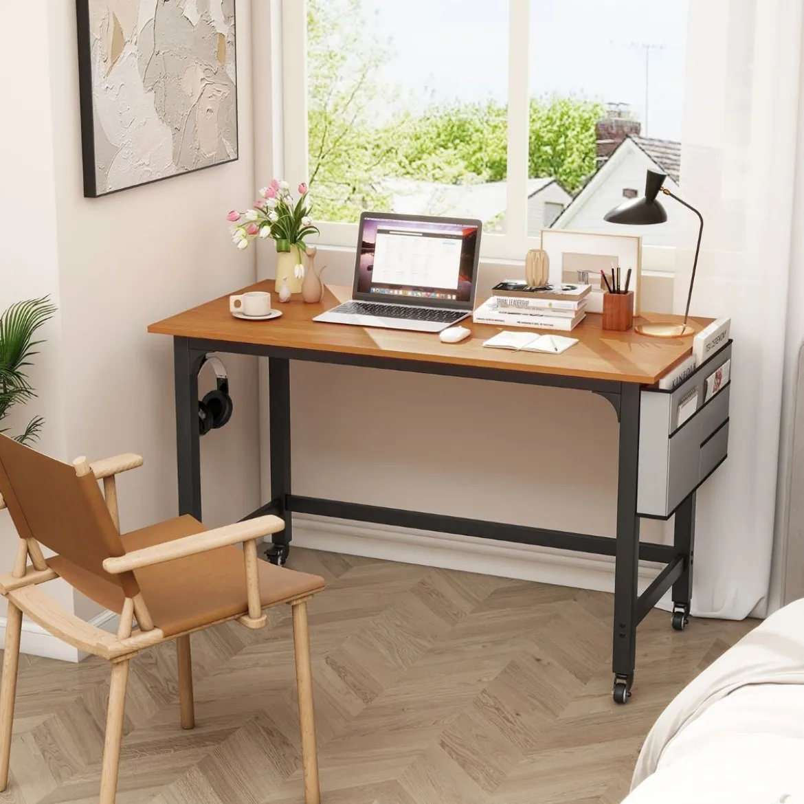 Schreibtisch mit Rollen Computertisch mit Abnehmbarer Stofftasche und Kopfhörerhaken 120 x 60 x 75 cm