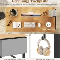 Schreibtisch mit Rollen Computertisch mit Abnehmbarer Stofftasche und Kopfhörerhaken 120 x 60 x 75 cm