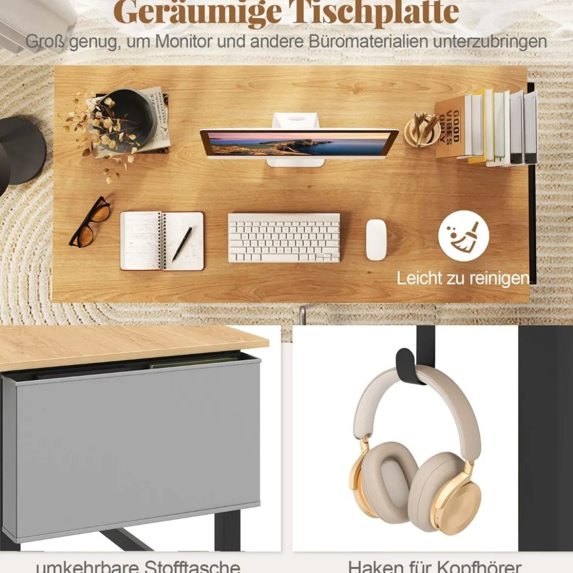 Schreibtisch mit Rollen Computertisch mit Abnehmbarer Stofftasche und Kopfhörerhaken 120 x 60 x 75 cm