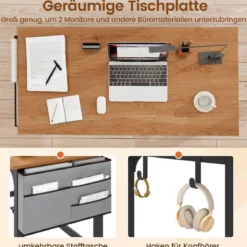 Schreibtisch mit Rollen Computertisch mit Abnehmbarer Stofftasche und Kopfhörerhaken 120 x 60 x 75 cm