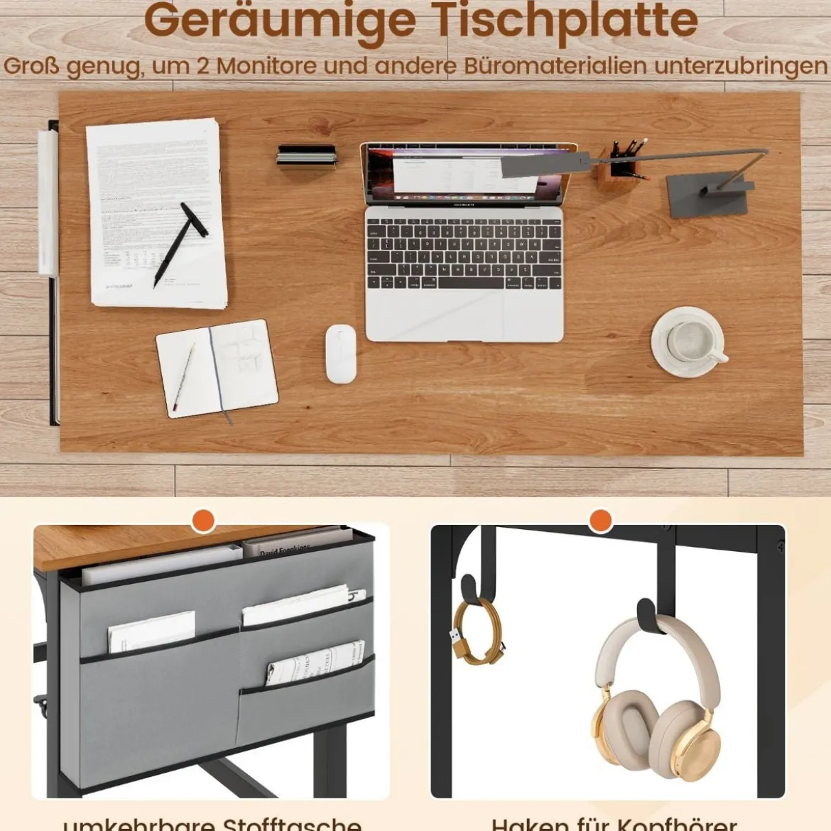 Schreibtisch mit Rollen Computertisch mit Abnehmbarer Stofftasche und Kopfhörerhaken 120 x 60 x 75 cm