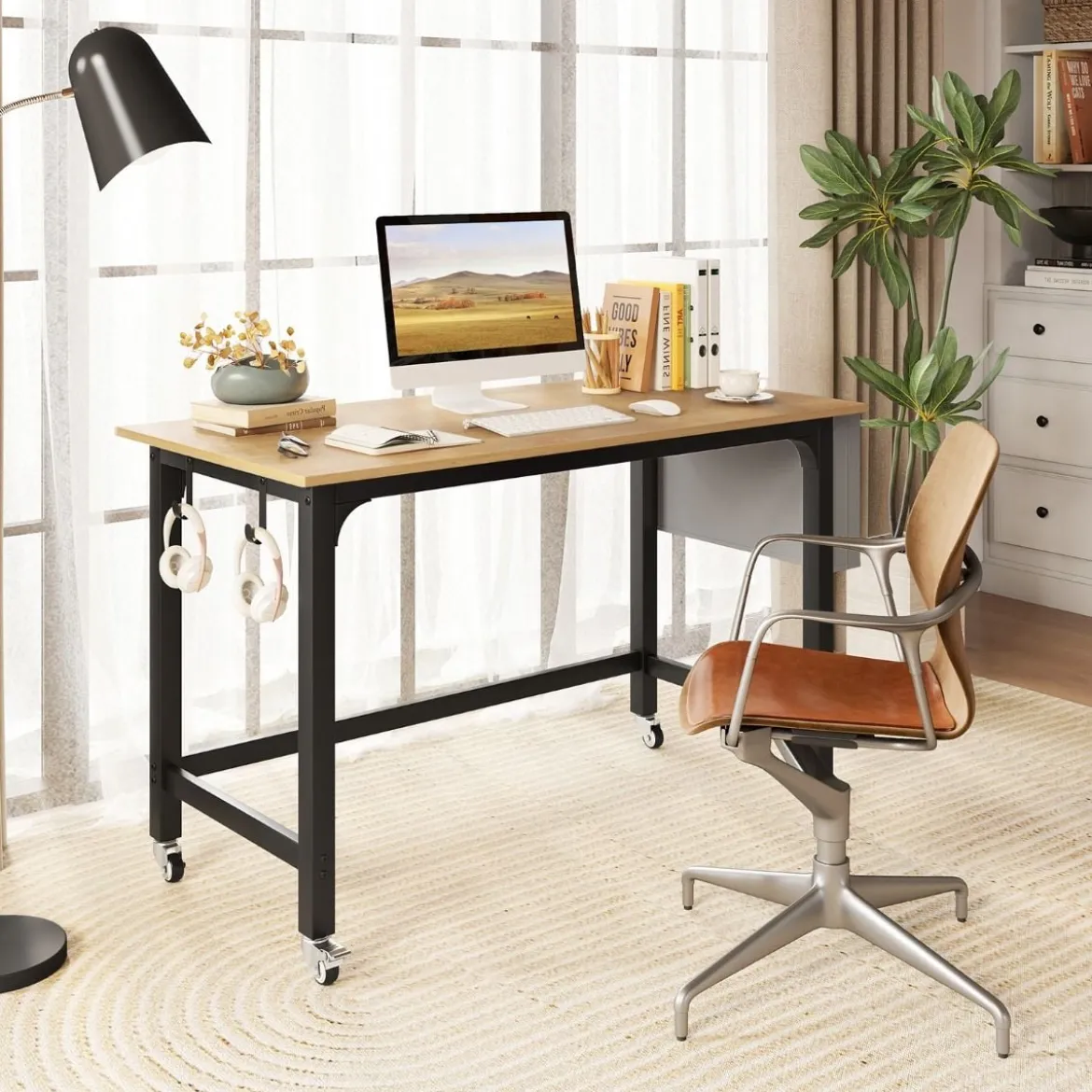 Schreibtisch mit Rollen Computertisch mit Abnehmbarer Stofftasche und Kopfhörerhaken 120 x 60 x 75 cm