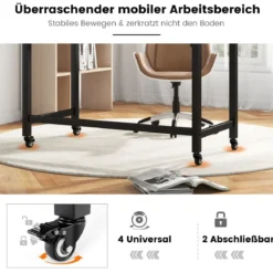 Schreibtisch mit Rollen & Metallrahmen Computertisch Bürotisch 120 x 60 x 76 cm Schwarz