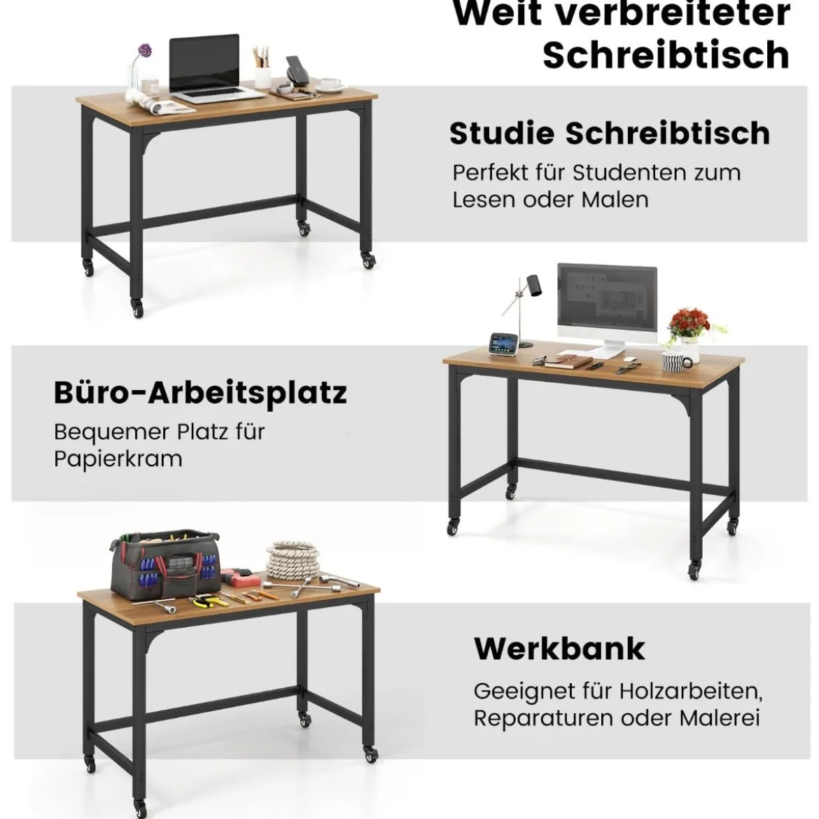 Schreibtisch mit Rollen & Metallrahmen Computertisch Bürotisch 120 x 60 x 76 cm Natur