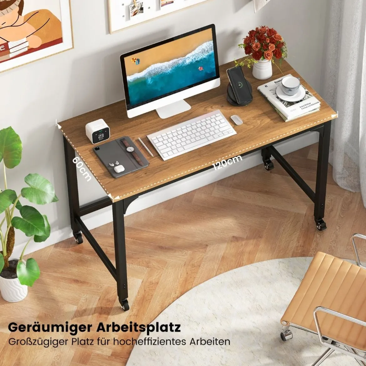 Schreibtisch mit Rollen & Metallrahmen Computertisch Bürotisch 120 x 60 x 76 cm Natur