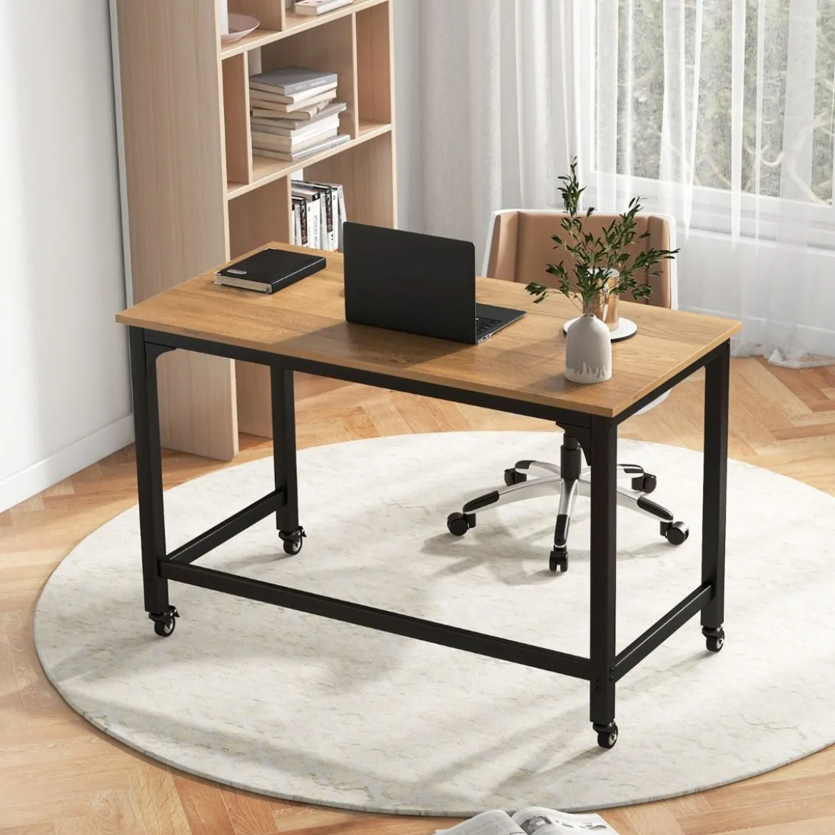 Schreibtisch mit Rollen & Metallrahmen Computertisch Bürotisch 120 x 60 x 76 cm Natur