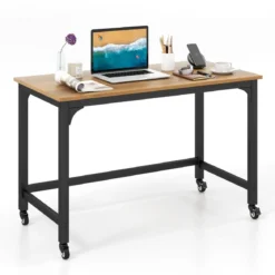 Schreibtisch mit Rollen & Metallrahmen Computertisch Bürotisch 120 x 60 x 76 cm Natur