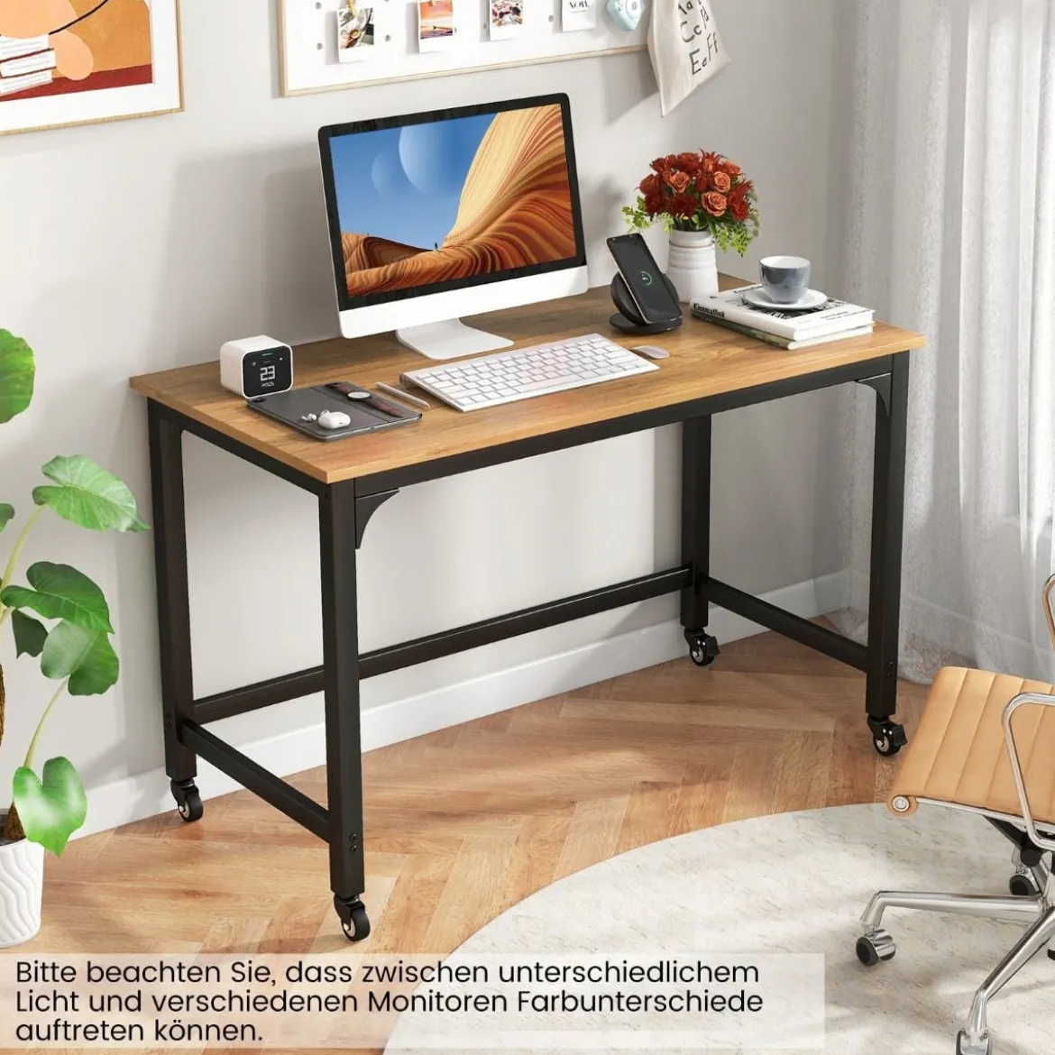 Schreibtisch mit Rollen & Metallrahmen Computertisch Bürotisch 120 x 60 x 76 cm Natur