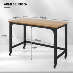Schreibtisch mit Rollen & Metallrahmen Computertisch Bürotisch 120 x 60 x 76 cm Natur