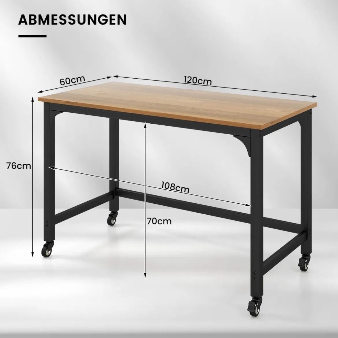 Schreibtisch mit Rollen & Metallrahmen Computertisch Bürotisch 120 x 60 x 76 cm Natur