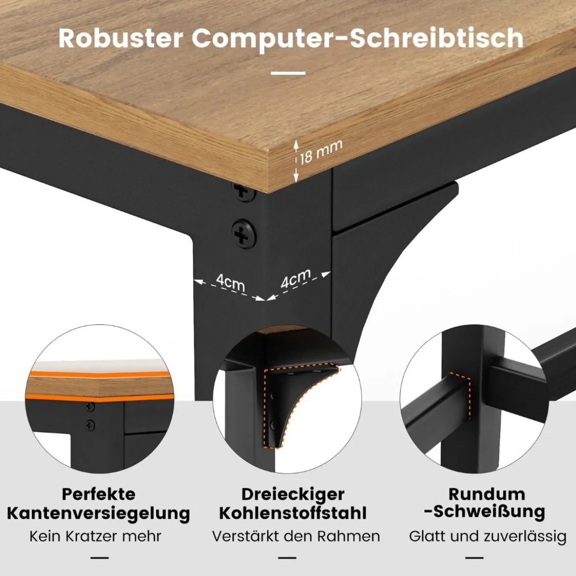 Schreibtisch mit Rollen & Metallrahmen Computertisch Bürotisch 120 x 60 x 76 cm Natur