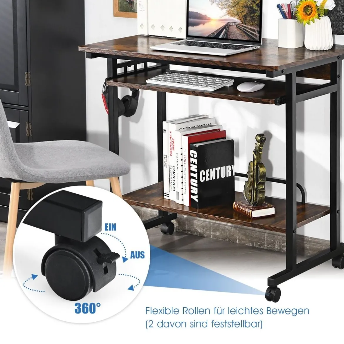 Schreibtisch mit Rollen Tastaturablage Platzsparender Computertisch 80 x 50 x 75 cm Rustikales Braun