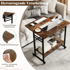 Schreibtisch mit Rollen & Tastaturablage & Ablagefläche unten & Haken Computertisch Braun