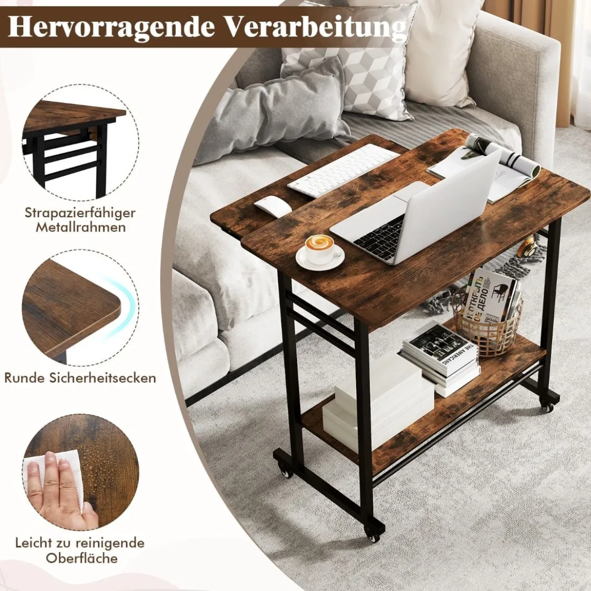 Schreibtisch mit Rollen & Tastaturablage & Ablagefläche unten & Haken Computertisch Braun